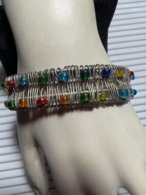 Multicolor Glass Bead Wire Cuff Bracelet - Women's Fashion Jewelry